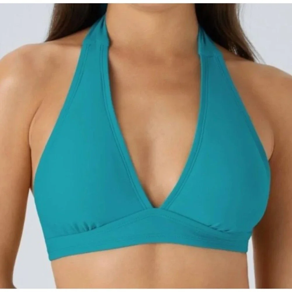 Halara Deep V Halter Tie Padded Bikini Swim Top Lake Blue Size XL 16